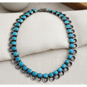 Vintage Mexican Sterling Turquoise Necklace 170g Taxco Style 18”